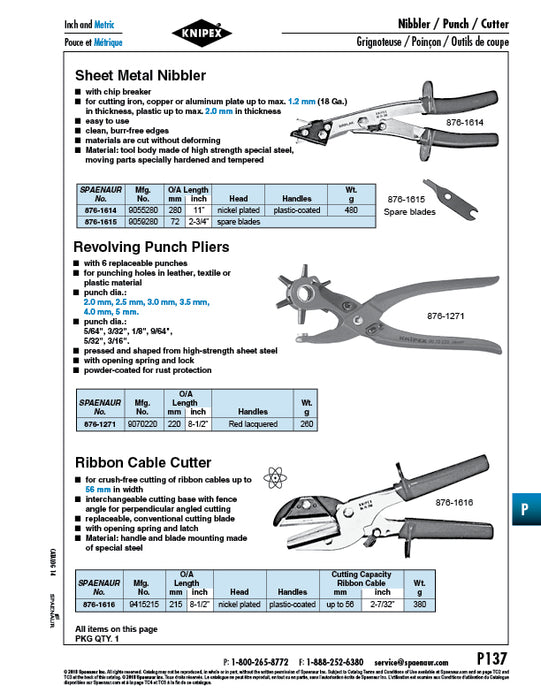 Revolving Punch Plier, 6 Punches 2.0, 2.5, 3.0, 3.5, 4.0, 5.0 mm DIA 220mm (8 1/2") LONG Sheet Steel, Powder-Coated Red Lacquered Handles by Spaenaur Inc.