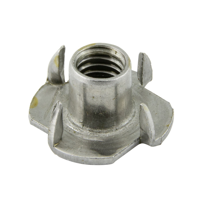 Écrou à embout, base ronde 7/8 po de diamètre avec 4 griffes courbées 5/16 po-18 UNC, cylindre 3/8 po de longueur x 0,391/0,386 po de diamètre, acier brut, fabriqué par Spaenaur Inc.