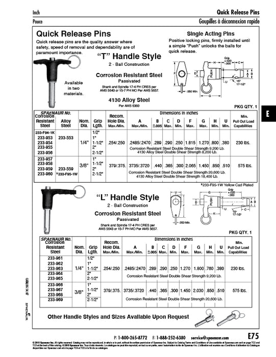 Quick Release Pin Single Action "T" Style Handle 3/8" DIA x 1-1/2" Grip Steel Corr Resistant Plain by Spaenaur Inc.