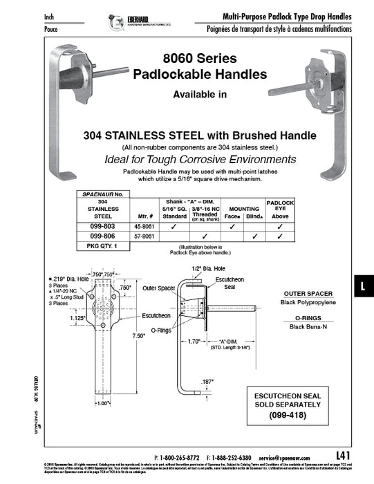 Handle W/Padlock Eye Above (Face Mounting) 7 1/2" O/A L x 5/16" Square Shank 304 Stainless Steel, Brushed Seal Not Included (099-418) by Spaenaur Inc.