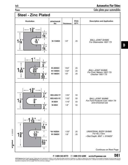 Ball-Joint Shim, 1 3/8" LG x 1 1/8" Wd, 1/32" THK, 5/8" Slot Width Low Carbon Steel Zinc Plated