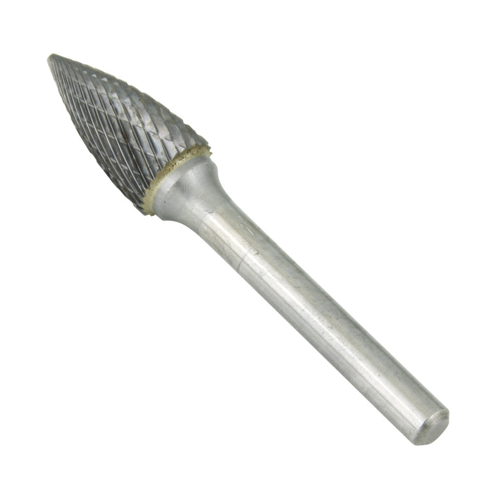 Carbide Burr, Double Cut Pointed Tree Shape 3/8" DIA x 3/4" LGTH x 1/4" Shank Hardened Steel Shank, Tungsten Carbide Tip by Spaenaur Inc.