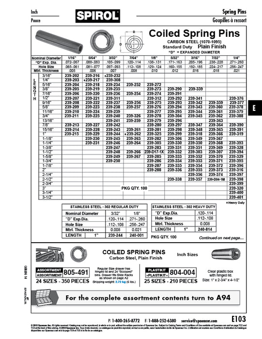 Goupille à ressort hélicoïdal à usage standard, diamètre nominal 3/32 po x longueur 5/16 po, acier à ressort à haute teneur en carbone, sans revêtement, par Spaenaur Inc.