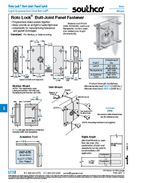 Pièce de verrouillage pour fixation de panneau à joint bout à bout de type standard « Roto Lock » en acier zingué par Spaenaur Inc.