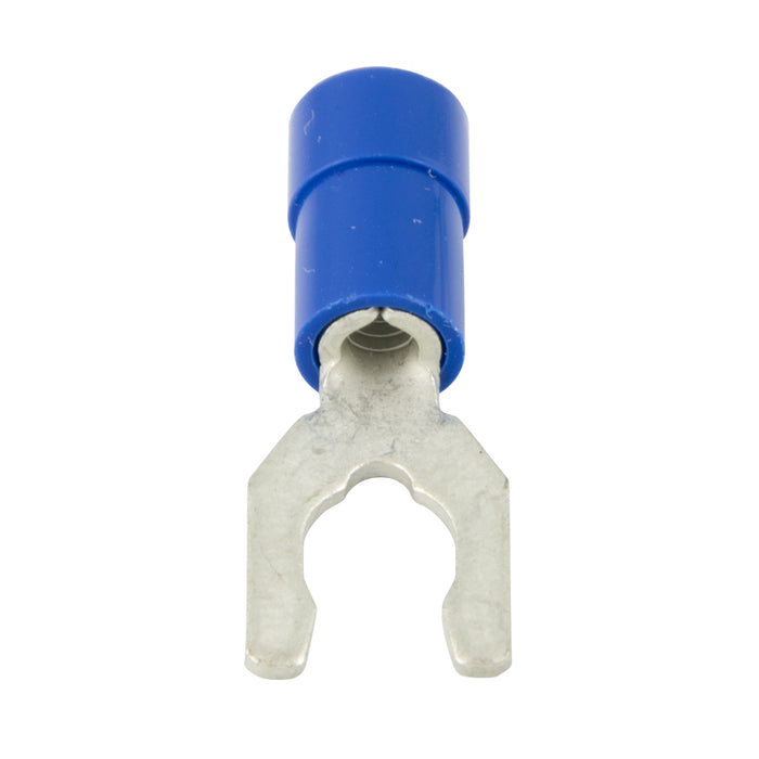 Spade tongue Terminal, Locking Style, Solderless, Insulated #6 Stud, 22-18 GA. Wire Electrolytic Copper Heavy Bright Tin, Red Plastic Insulation