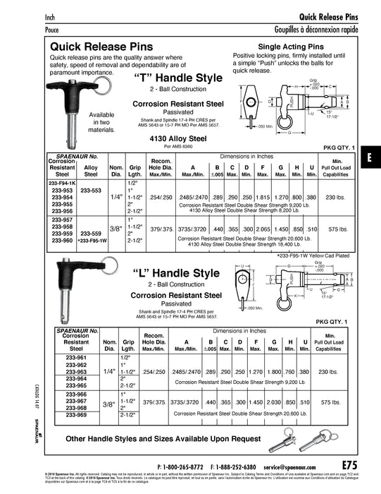 Quick Release Pin Single Action "T" Style Handle 3/8" DIA x 1" Grip Steel Corrosion Resistant Plain
