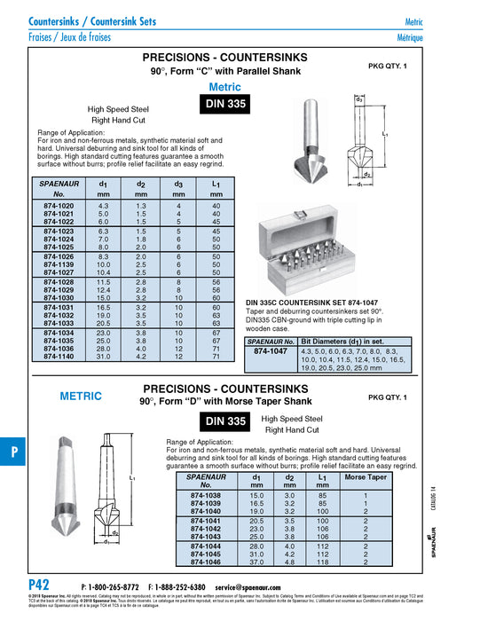 Precision Countersinks W/ Straight Shank DIN 335C 8mm High Speed Steel DIN 335C 8