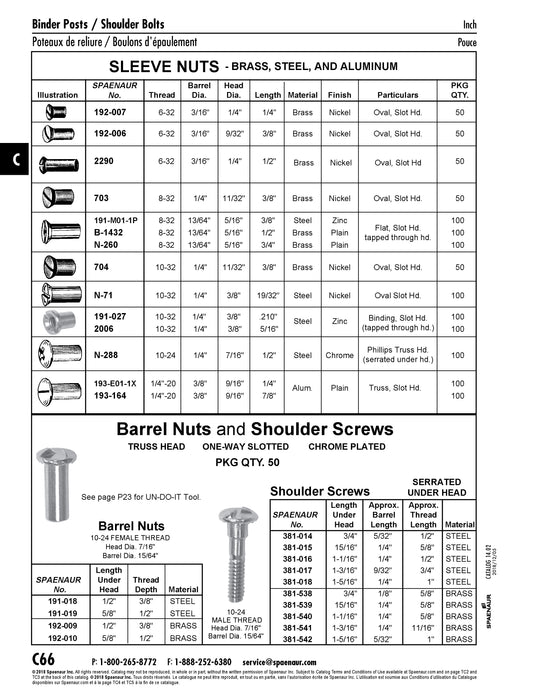 Sleeve Nut Oval Countersunk Slot HD #10-32 UNF x 3/8" (+/- .015") LONG x 1/4" (+/- .005") Barrel DIA x 11/32" (+/- .015") Head DIA Brass Nickel Plated