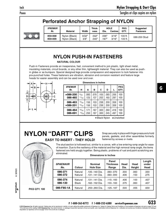 Dart (Arrow) Clip Fastener .250"-.260" Hole Size .125"-.187 Grip Capacity .600" Shank LGTH Natural Nylon