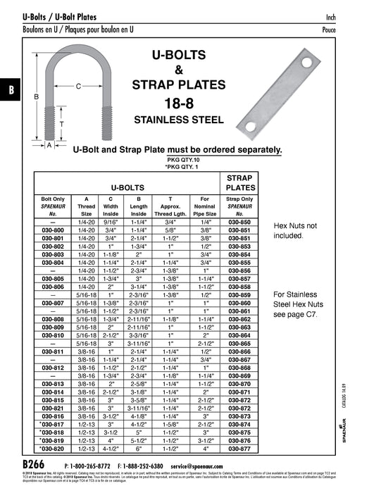 U-Bolt Plate Only Fits 1/2" x 4-1/2" U-Bolt 18-8 Stainless Steel