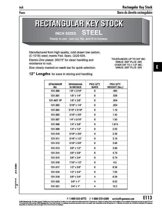 Key Stock, Rectangular 1/8" x 1/4" x 12" Cold Drawn Steel Zinc Plated by Spaenaur Inc.