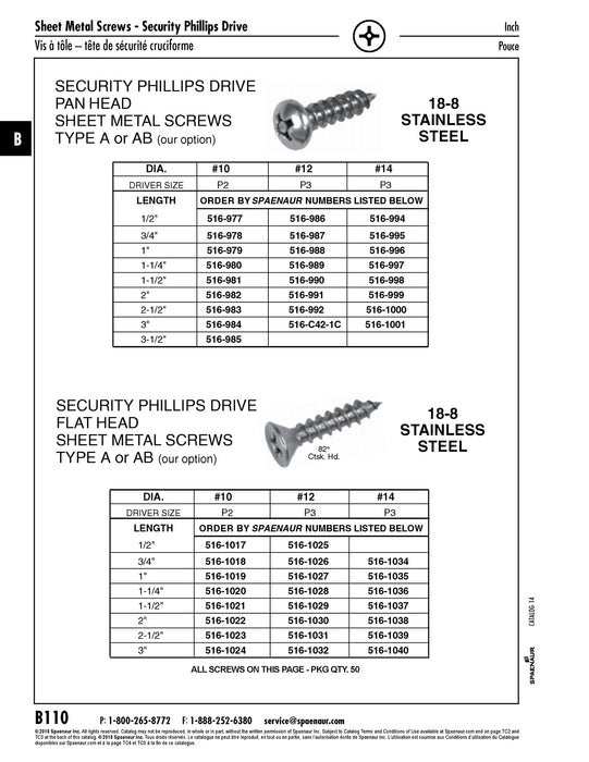 Tapping Screw, Pan Head Security Phillips Drive, Type A, #10 x 3-1/2" Length, Stainless Steel