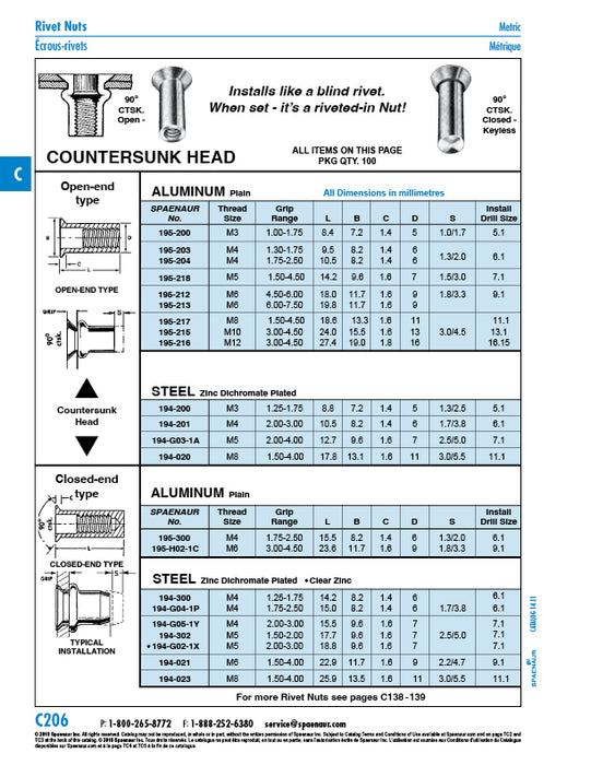 Rivkle Blind Rivet Nut Countersunk Head Open End Keyless M10 x 3.00-4.50 Grip Range Aluminum Plain