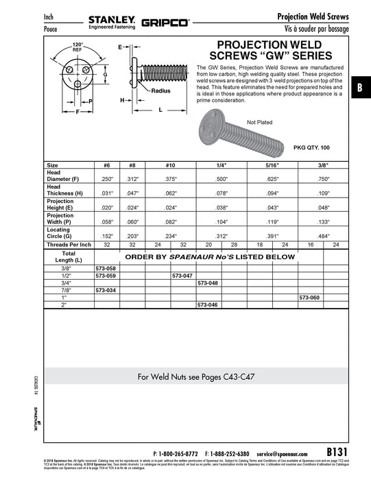 Projection Weld Screw Three Projections Top Of Head 1/4"-20 UNC x 3/4" Steel Plain Finish by Spaenaur Inc.