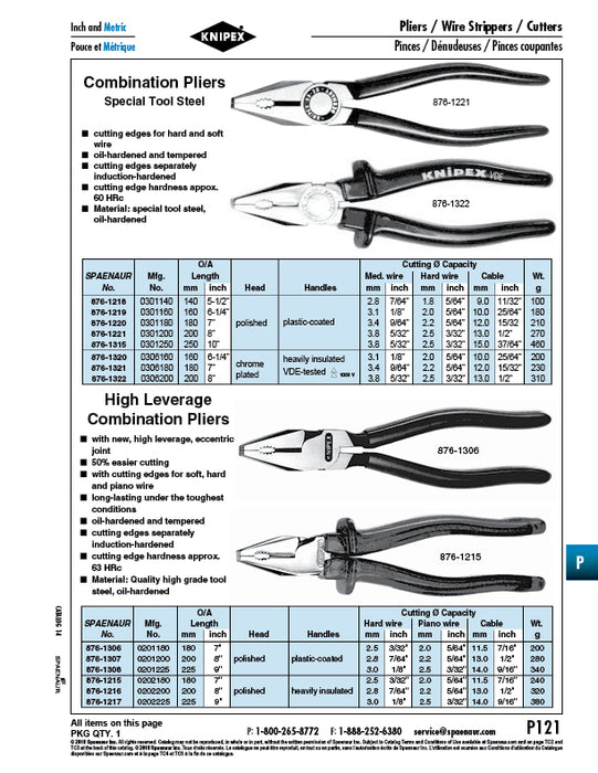 Combination Plier 200mm (8") LGTH Tool Steel, Chrome Plated Head Heavy Insulated Handles