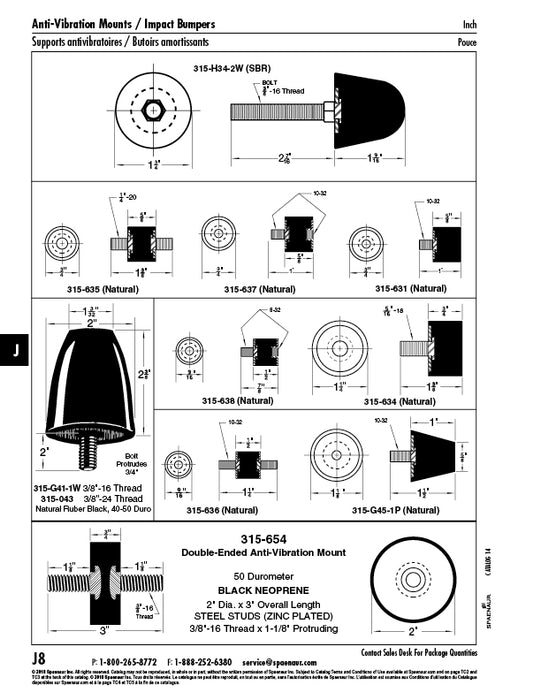 Bolt-On Anti-Vibration Mount with Protruding Bolt 3/8"-16 UNC x Approx. 3/4" LONG, 2" OD x 1 3/32" x 2 1/8" O/A LGTH Natural Rubber, 50-55 Duro