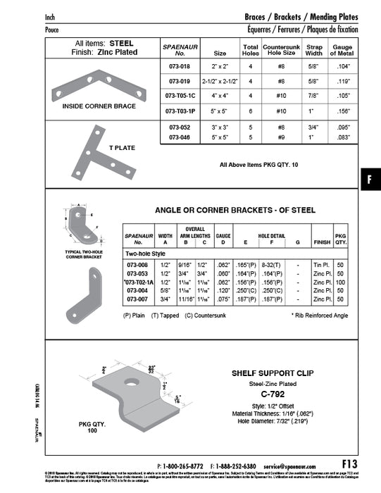T-Plate with Countersunk Holes 5" x 5" x .083" Gauge Metal x 1" W; 5-#9 Countersunk Holes Steel Zinc Plated