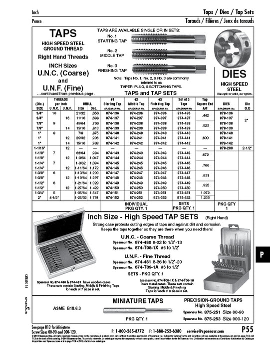 Set Of 3 Taps 1-1/4"-12 UNF High Speed Steel by Spaenaur Inc.
