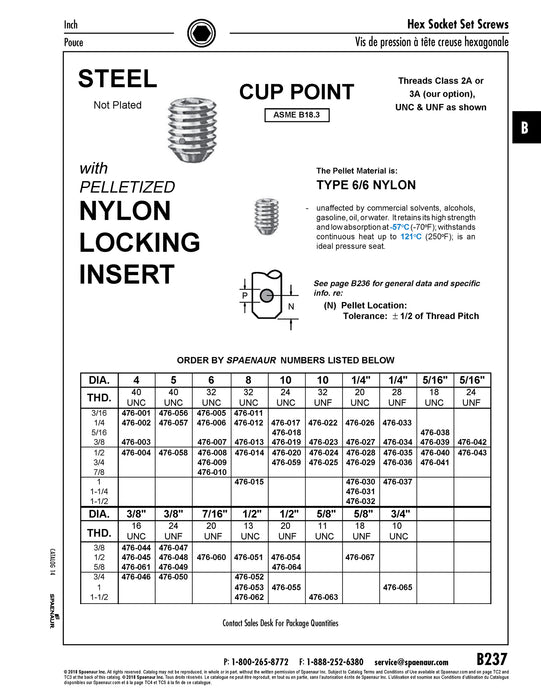 Hex Socket Set Screw Cup Point with Pelletized Nylon Insert #10-32 UNF x 3/4" LG Alloy Steel Heat Treated Plain ANSI B18.3-1986