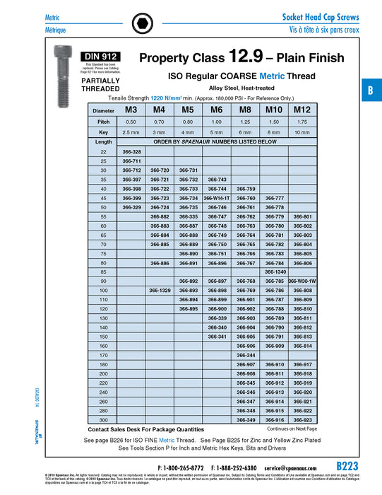Vis à tête cylindrique à six pans creux DIN 912 M12 x 1,75 x 60 mm LG Filetage partiel CL 12.9 Acier allié au carbone moyen DIN 912/12.9/Part M12X60