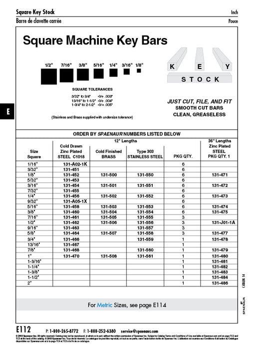 Square Key Bar 1" Square x 12" LG 303 Stainless Steel