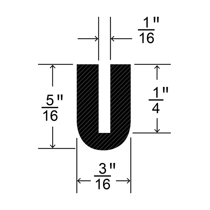 Profilé extrudé en U noir, largeur 1/16 po, profondeur 1/4 po, néoprène chloroprène Duro 70, longueur 50 pi, par Spaenaur Inc.