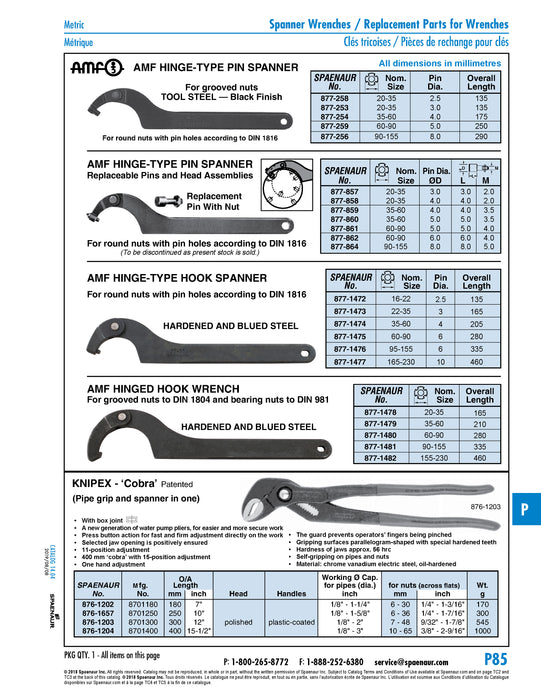 Hinged Hook Wrench with 4mm Pin, for DIN 1816 Nuts, Extended Hook, 35-60mm DIA. 205mm LGTH Special Steel Hardened And Blued