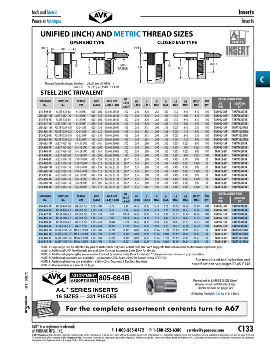 A-L Series Knurled Threaded Insert Standard Open End 3/8"-24 UNF x .027-.150" Grip Steel, Trivalent Zinc Plated