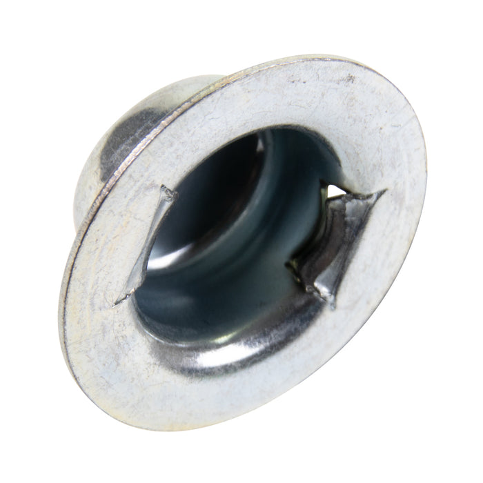 Écrou à rondelle de type « Pushnut » pour tige de 1/2", rondelle de diamètre 15/16", longueur totale 0,328", en acier HT, zingué par électrolyse et traité au chromate trivalent, réf. #Pw500015-Ebg, fabriqué par Spaenaur Inc.