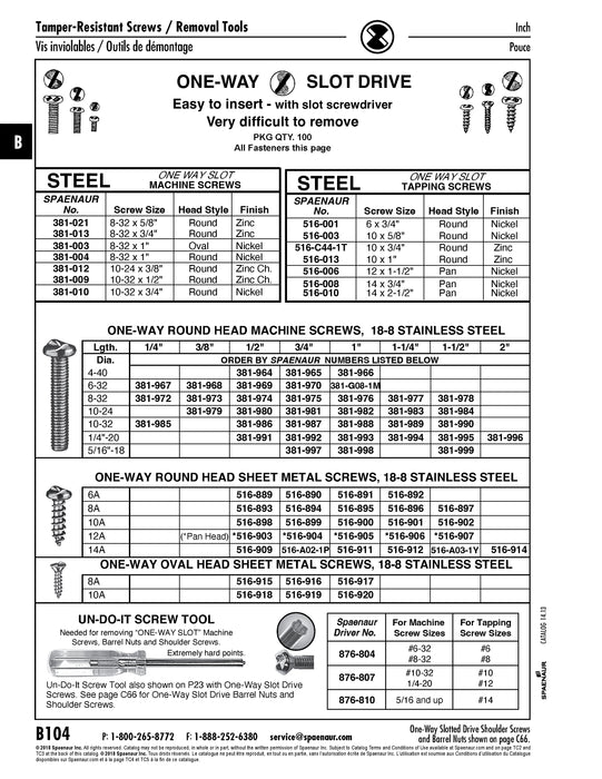 Security Screw, Round Head One-Way Slotted Drive, #4-40 UNC x 3/4" Length, Stainless Steel