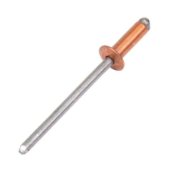 Rivet pop à tête bombée, extrémité ouverte 1/8 po D x 0,265 po L x 0,020-0,125 po de prise Corps en cuivre/mandrin en acier plaqué Spécification IFI 114 Grade 11