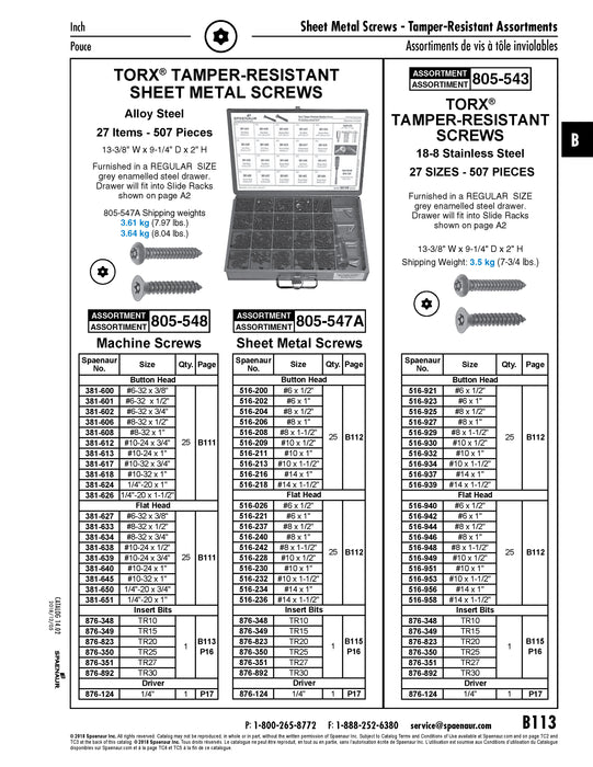 Assortiment de vis à tête Torx inviolables avec tournevis et embouts dans un coffret métallique