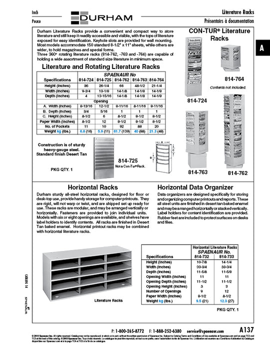 Horiz. Literature Rack, 12 Openings 14-1/4" H x 33-3/4" W x 11-5/8" D Steel, Tan Baked Enamel
