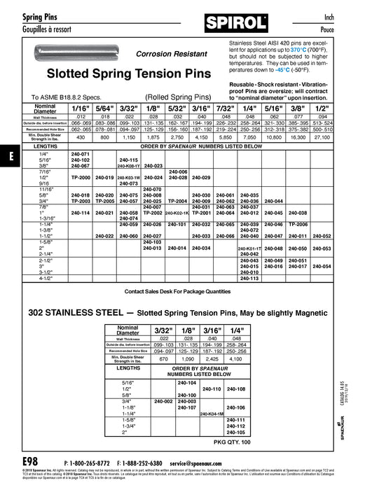 Slotted Spring Tension Pin Nom DIA 1/4" x 5/8" LGTH 420 Stainless Steel