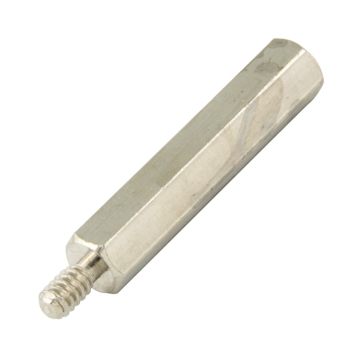 Hex Spacer, Male/Female Threaded, Hole Depth 7/16",Stud LGTH 3/8" Threaded #8-32 UNC, 2" LGTH, 1/4" A.F., Brass, Nickel Plated