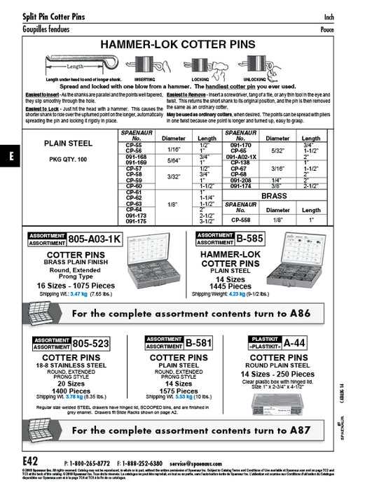 Hammerlock Cotter Pin 3/16" DIA x 1-1/2" LONG Steel Plain Finish by Spaenaur Inc.