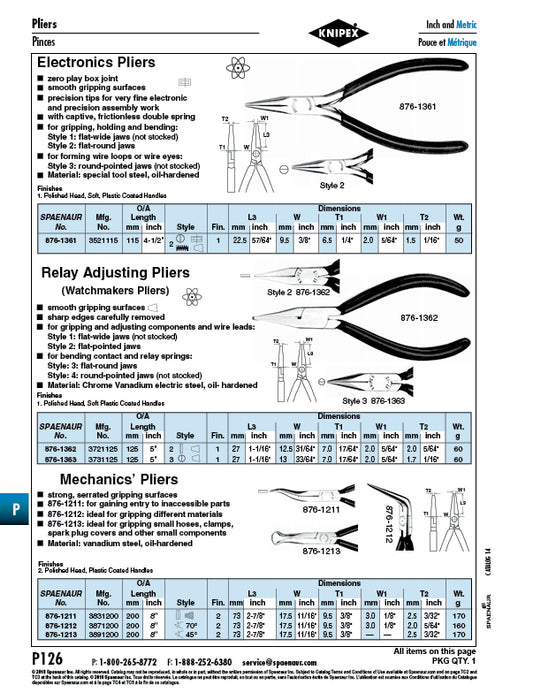 Mechanics' Plier Cranked Flat-Round Jaws 200mm (8") O/A LGTH Vanadium Steel, Polished Head Plastic-Coated Handles by Spaenaur Inc.