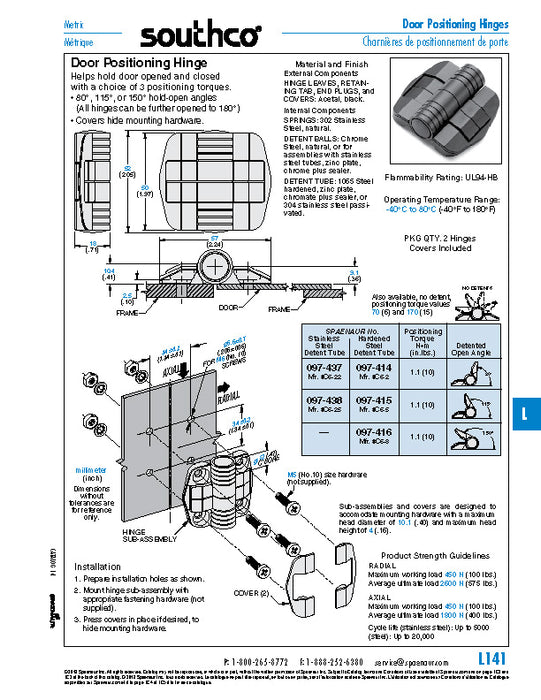 Door-Positioning Hinge W/Covers 80 Degree Detented Open Angle 0.7 Nm Positioning torque Acetal Black,Steel Zinc Detent Tube (#10/M5 Mountng Hrdwr Not Supplied)