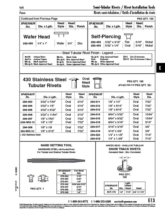 Oval Head Tubular Rivet 9/64" DIA x 3/16" LONG (5/16" Head DIA) 430 Stainless Steel Meets Specifications Of Asme B18.7.-1972 (R1980) by Spaenaur Inc.