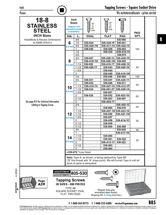 Tapping Screw, Flat Head Square Socket Drive, Type AB, #12 x 2-1/2" Length, Stainless Steel