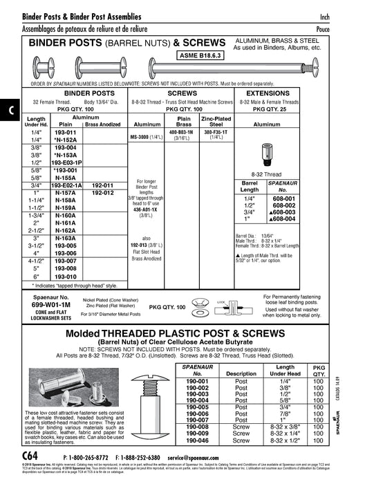 Molded Threaded Plastic Post Unslotted, 7/32" O.D. Barrel #8-32 UNC x 3/4" LG Under Head Cellulose Acetate Butyrat, Clear