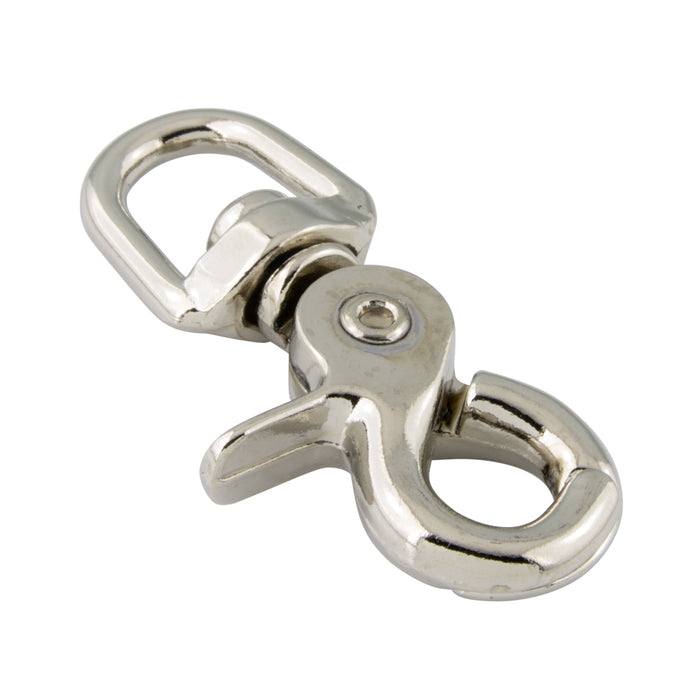 Mousqueton à goupille, œillet rond pivotant 3/8 po, longueur totale 2 3/8 po, ouverture 3/8 po, moulé en zinc, nickelé par Spaenaur Inc.