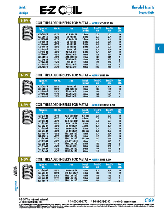 E-Z Coil Helical Thread Insert Metric Coarse M18 x 2.50mm x 18.0mm Length 18-8 Stainless Steel E-Z Lok # 41310 by Spaenaur Inc.
