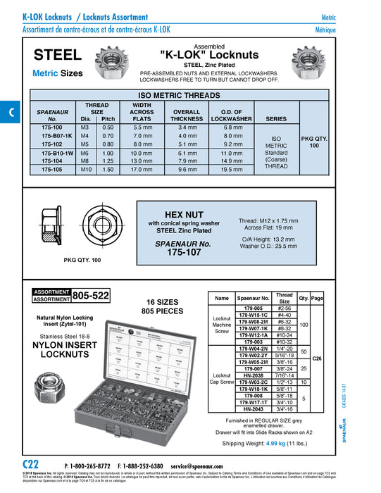 K-Lok Hex Nut W/External tooth Lockwasher M10 x 1.50, 17mm AF x 9.6mm O/A HT Steel Bright Zinc Chromate Plated