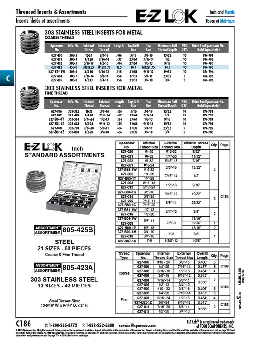 E-Z Lok Threaded Insert, Self Locking External Thread 7/16"-20 UNF Internal THRD 5/8"-11 UNC External .656" LGTH 303 Stainless Steel Passivated