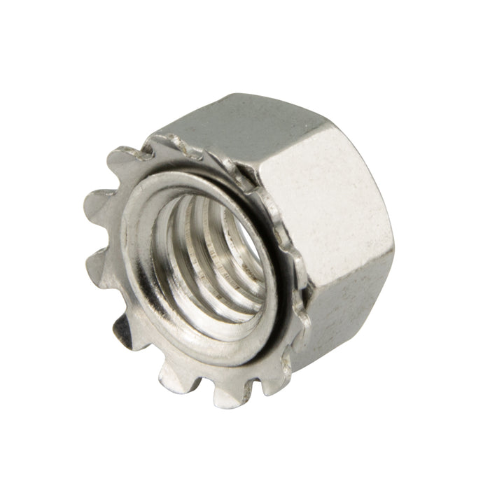 Écrou hexagonal K-Lok avec rondelle frein à denture externe 1/4 po-28 UNF x 7/16 po AF x 15/64 po O/A THK. Acier inoxydable 18-8 par K-LOK
