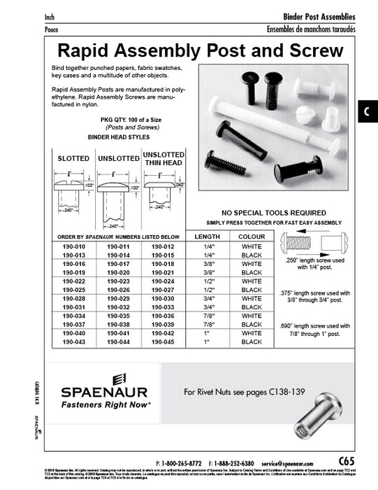 Binder Post & Screw (Nylon), Unslotted Thin Head, Rapid Assembly .240" DIA x 1" LG Polyethylene Post, Black Colour