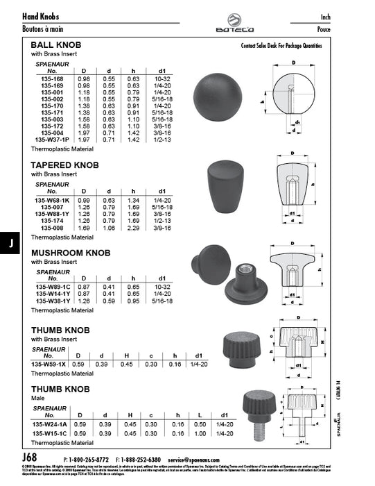 Tapered Knob with Brass Insert 1.69" Width with 3/8"-16 Thread 2.29" Overall Height Thermoplastic Material Black by Spaenaur Inc.