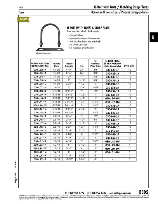 Boulon en U 5/16 po-18 avec écrous pour tuyau de 1-1/2 po 2 po de diamètre intérieur x 2-11/16 po de longueur intérieure Acier à faible teneur en carbone, oxyde noir