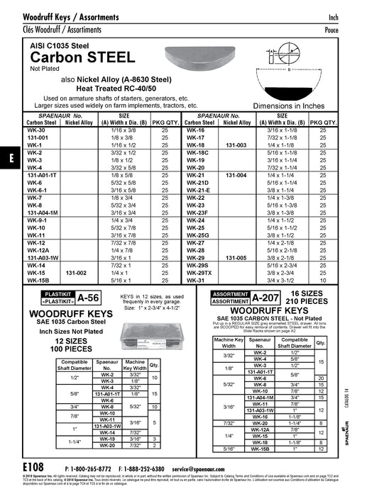 Woodruff Key 1/8"W x 1/2" DIA Carbon Steel Sae 1035 Plain Finish